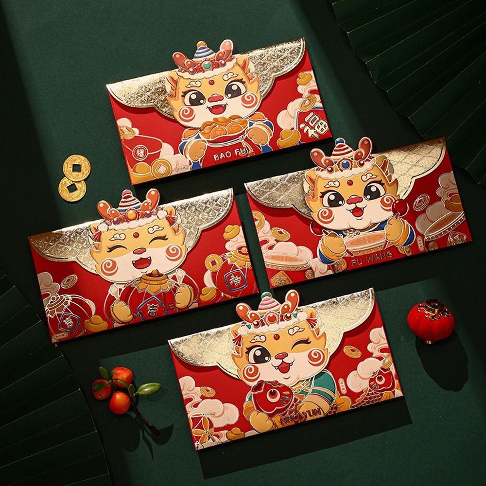 Combo 4 Bao Lì Xì Tết 2024 Họa Tiết Lân Rồng May Mắn Phong Cách Truyền Thống, Set 4 Bao Lì Xì Tết 2024.