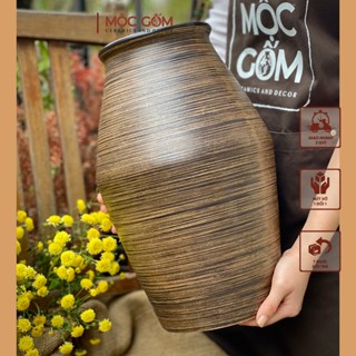 Bình gốm dáng thạp vân ganh nâu men mộc Bát Tràng cắm hoa đào, hoa mai, hoa mận | Mộc Gốm MG299