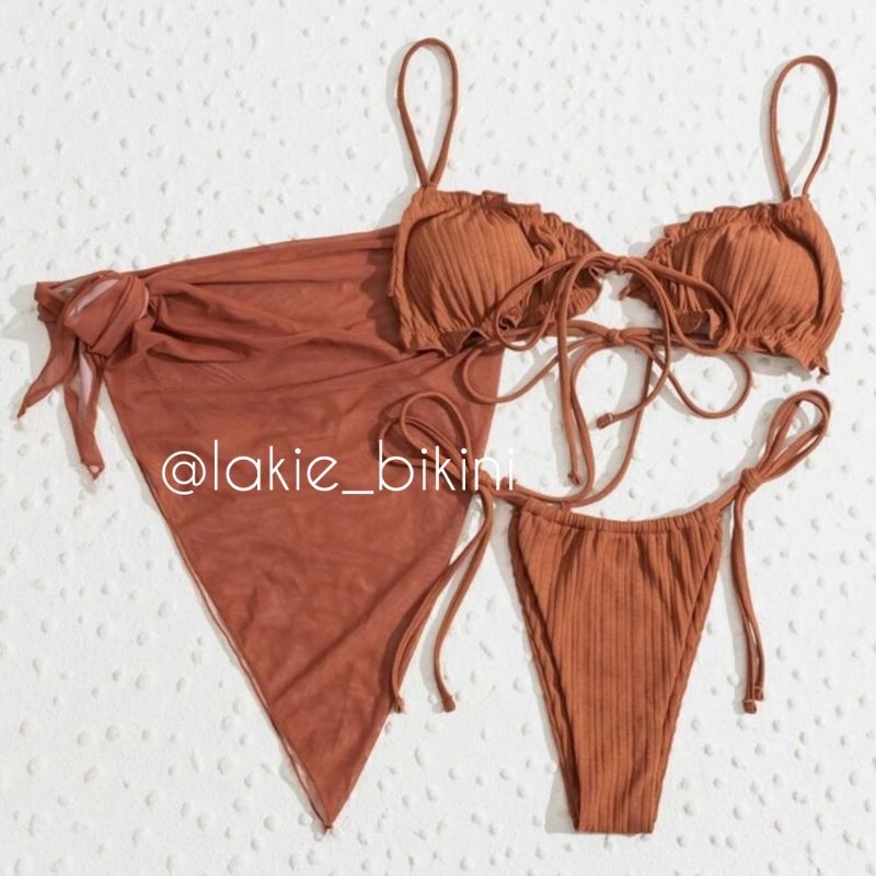 Bikini 2 Mảnh Tam Giác Dún Rút Dây Kèm Váy Cover
