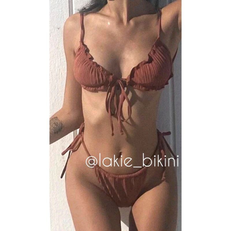 Bikini 2 Mảnh Tam Giác Dún Rút Dây Kèm Váy Cover