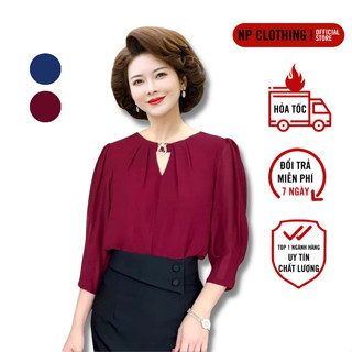 Áo Trung Niên Nữ A100, Sơ Mi Kiểu Công Sở Cổ Tròn Phối Phụ Kiện Sang Trọng | Thời Trang NP CLOTHING