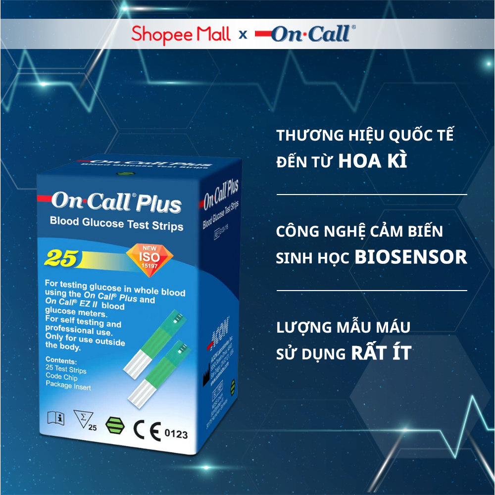 Hộp 25 Que Thử Đường Huyết On Call Plus Dùng Cho Máy On Call Plus & On Call EZ II (Đựng Trong 1 Lọ)