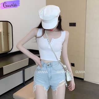 Áo croptop ba lỗ cổ vuông cúc bấm, áo croptop thun gân guvia cr20