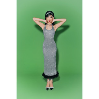 Đầm Yếm Maxi Hở Lưng Kim Tuyến Freckles Studios Cột Cổ Chân Váy Đính Lông - Caroline Dress