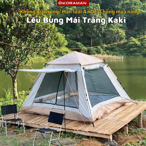 [SẬP SÀN]Lều cắm trại tự bung có mái che trắng kaki 2m4, lều du lịch kích thước lớn 4 cửa kèm màn ch