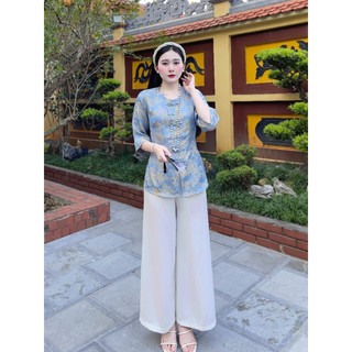 Đồ lam đi chùa,Bộ pháp phục cổ tròn cúc ngọc,Quần áo phật tử lụa gấm cao cấp