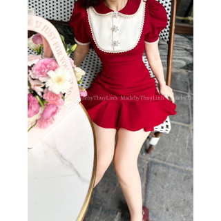 Set đỏ cổ ren cao cấp MadebyThuyLinh ( đỏ thuần đậm )