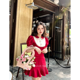 Set đỏ cổ ren cao cấp MadebyThuyLinh ( đỏ thuần đậm )