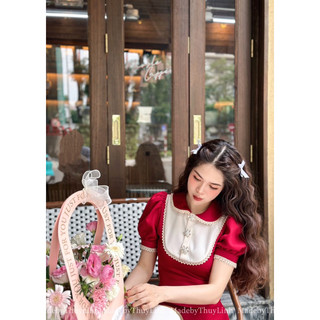 Set đỏ cổ ren cao cấp MadebyThuyLinh ( đỏ thuần đậm )