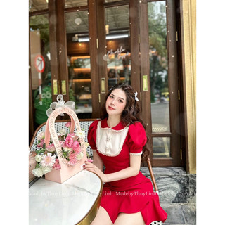 Set đỏ cổ ren cao cấp MadebyThuyLinh ( đỏ thuần đậm )