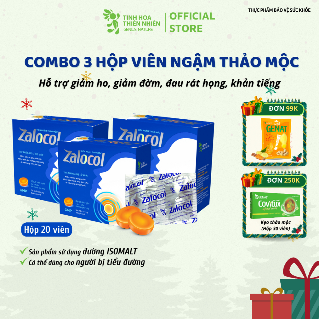 Combo 3 hộp viên ngậm thảo mộc Zalocol Hỗ trợ giảm ho, giảm đờm, giảm đau rát họng, khản tiếng - Genat