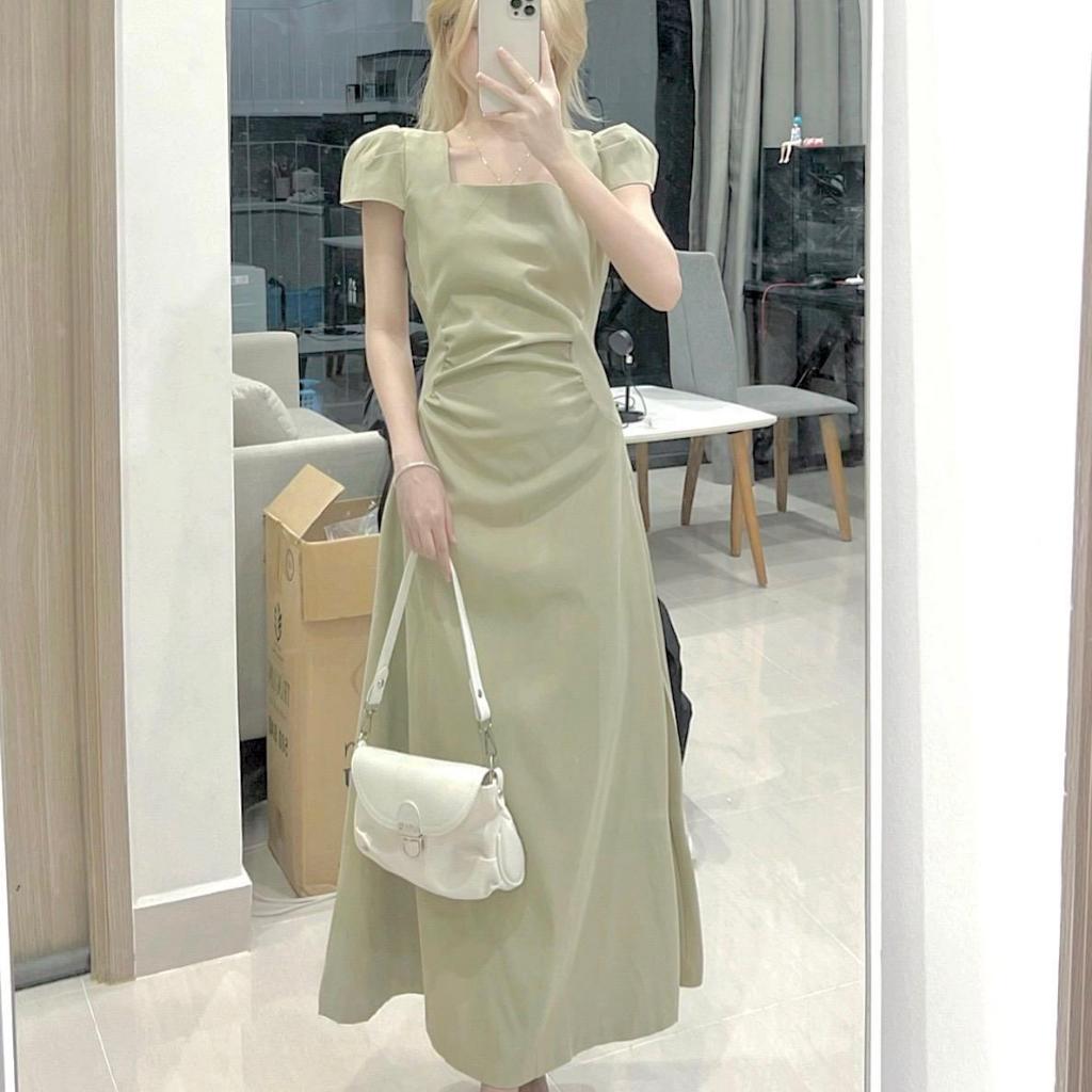 V108 Váy dáng dài kaki tay ngắn phồng xixeoshop