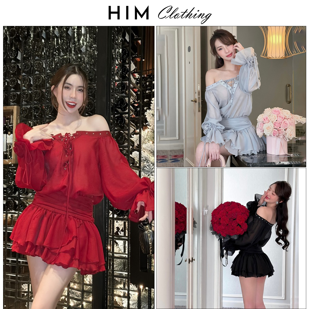Set áo voan trễ vai chất liệu voan tơ, tay phối hoa, thắt dây dáng tiểu thư Him.Clothing [S09]