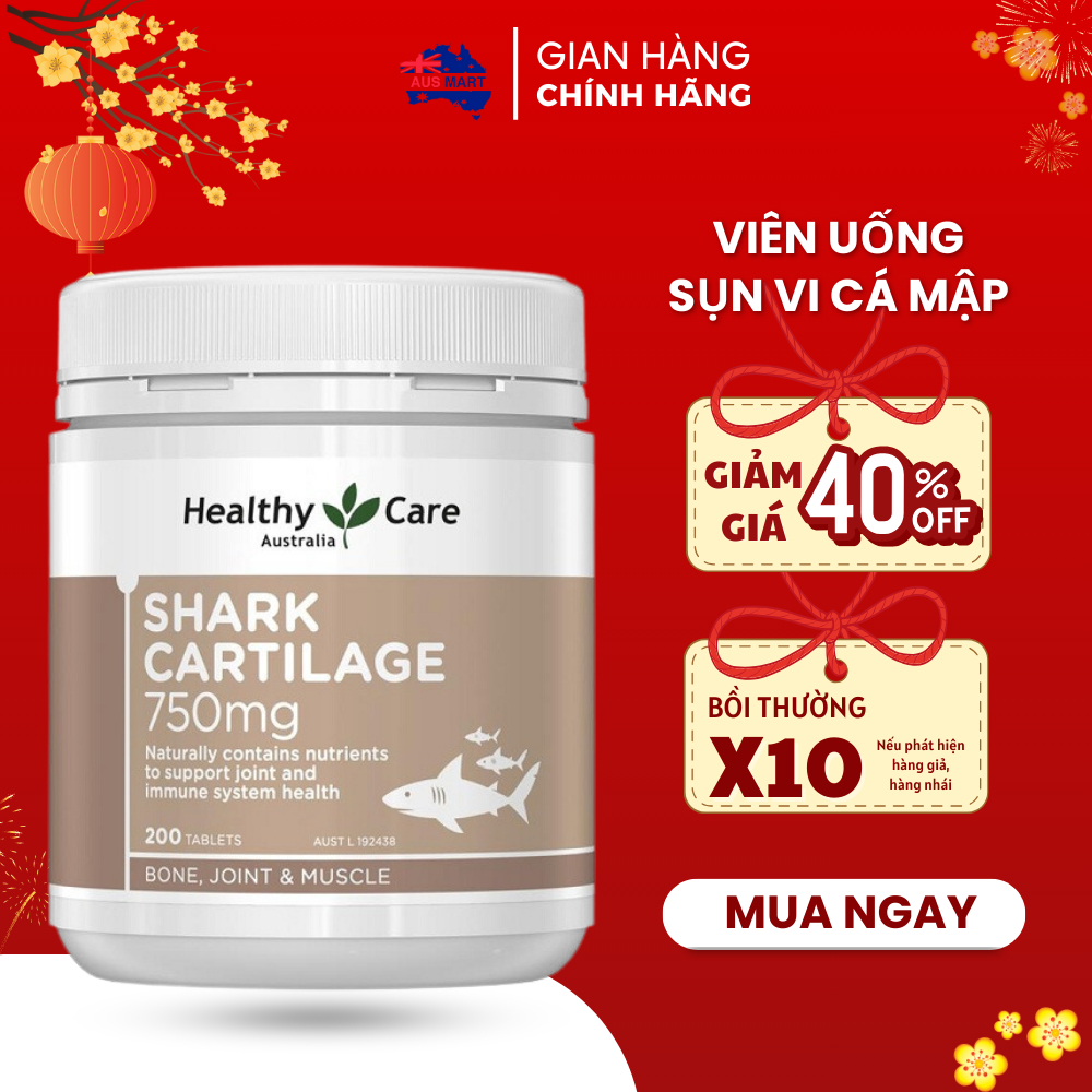 Viên uống Sụn vi cá mập Healthy Care Shark Cartilage 750mg, Úc (200v) hỗ trợ xương khớp cho người lớn