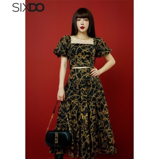 Chân váy midi tơ dáng xòe họa tiết baroque SIXDO