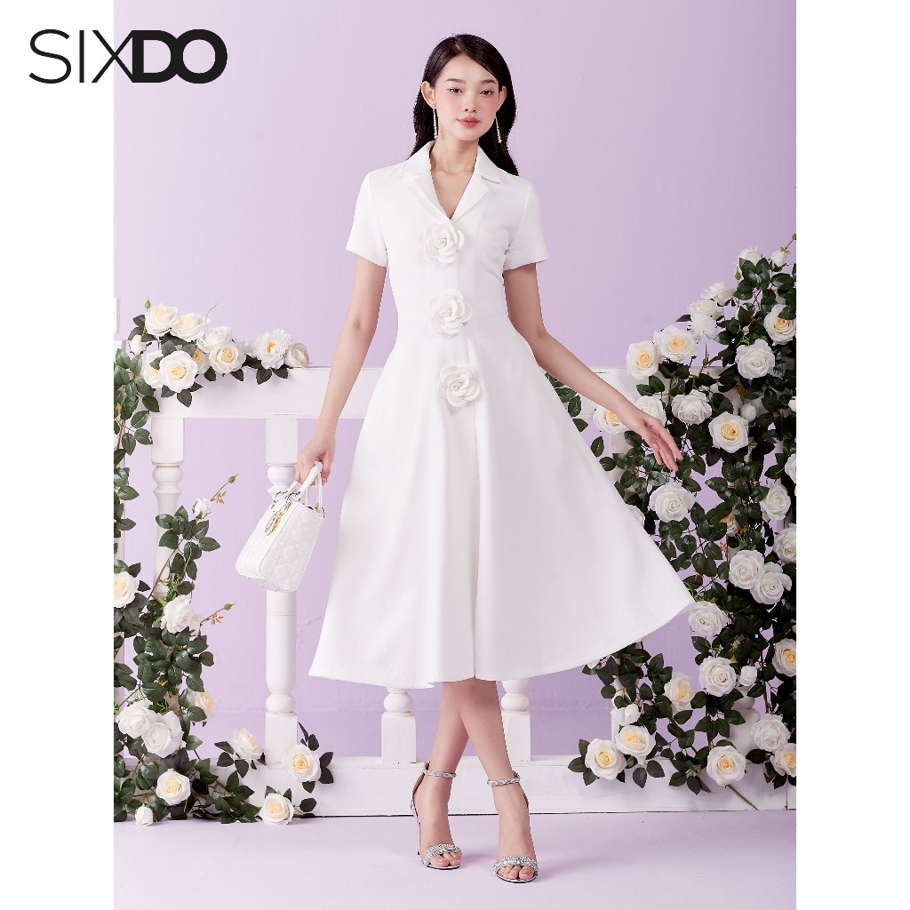 Đầm midi woven ngắn tay phối hoa SIXDO (White Revers Collar Midi Woven Dress)