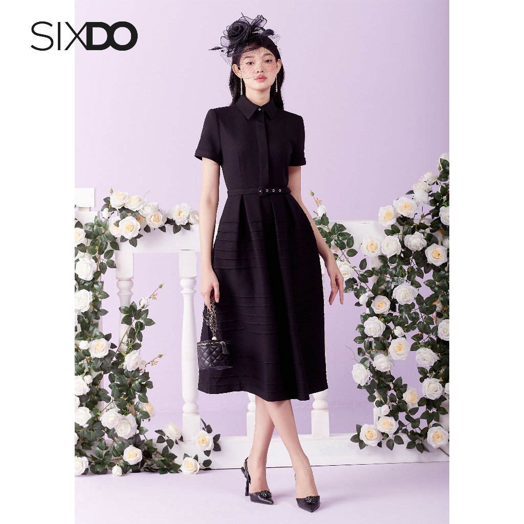 Đầm sơ mi woven ngắn tay phối dây lưng SIXDO (Black Midi Woven Dress With Belt)
