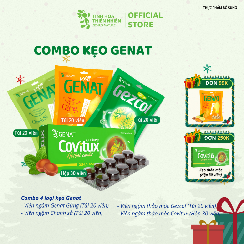 Combo 4 sản phẩm - Kẹo thảo mộc Covitux, Gezcol, Genat Gừng, chanh sả, kẹo - genat - Tinh Hoa Thiên Nhiên