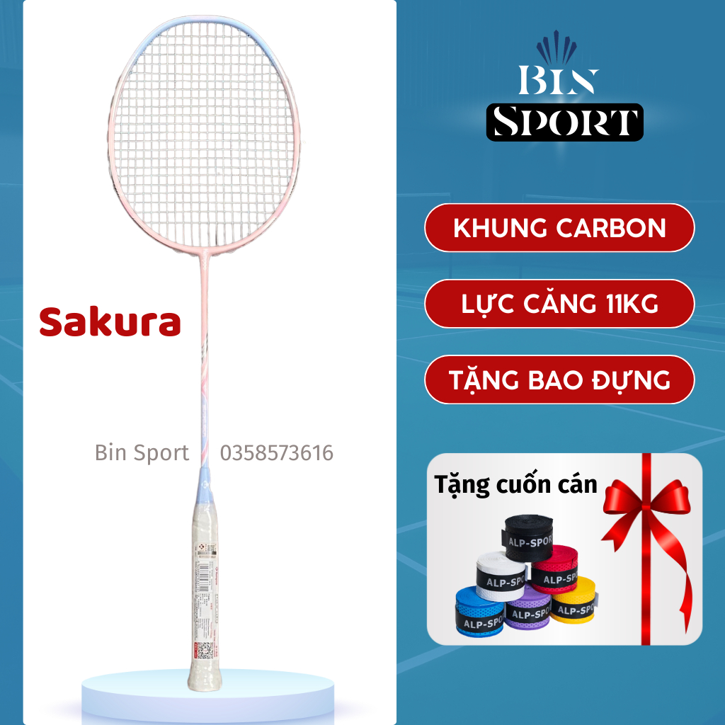 Vợt cầu lông Kumpoo Sakura chính hãng, vợt carbon siêu nhẹ căng sẵn 11kg, trợ lực tặng kèm bao đựng, quấn cán -Bin Sport