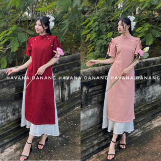   TẶNG CHÂN VÁY  Set áo dài cách tân nhung chéo phối cutout đính hoa TẶNG kèm chân váy voan tơ 2 lớp HAVANA AD43 