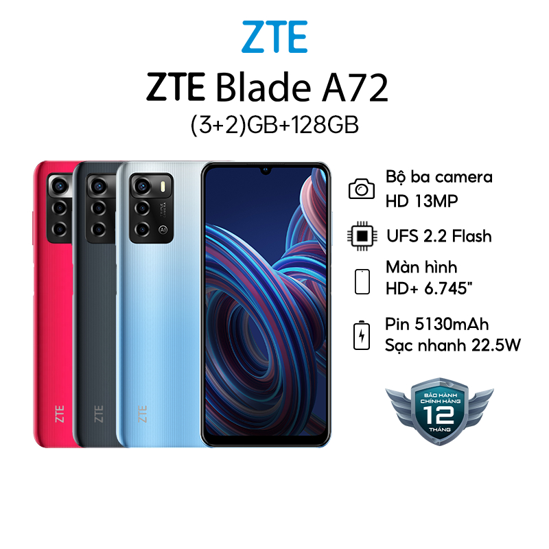 Điện Thoại ZTE Blade A72 | 5GB(3GB+2GB)/128GB | 6.75'' HD+ | 90HZ | 5130mAh - 22.5W | 3 Camera | Hàng Chính Hãng