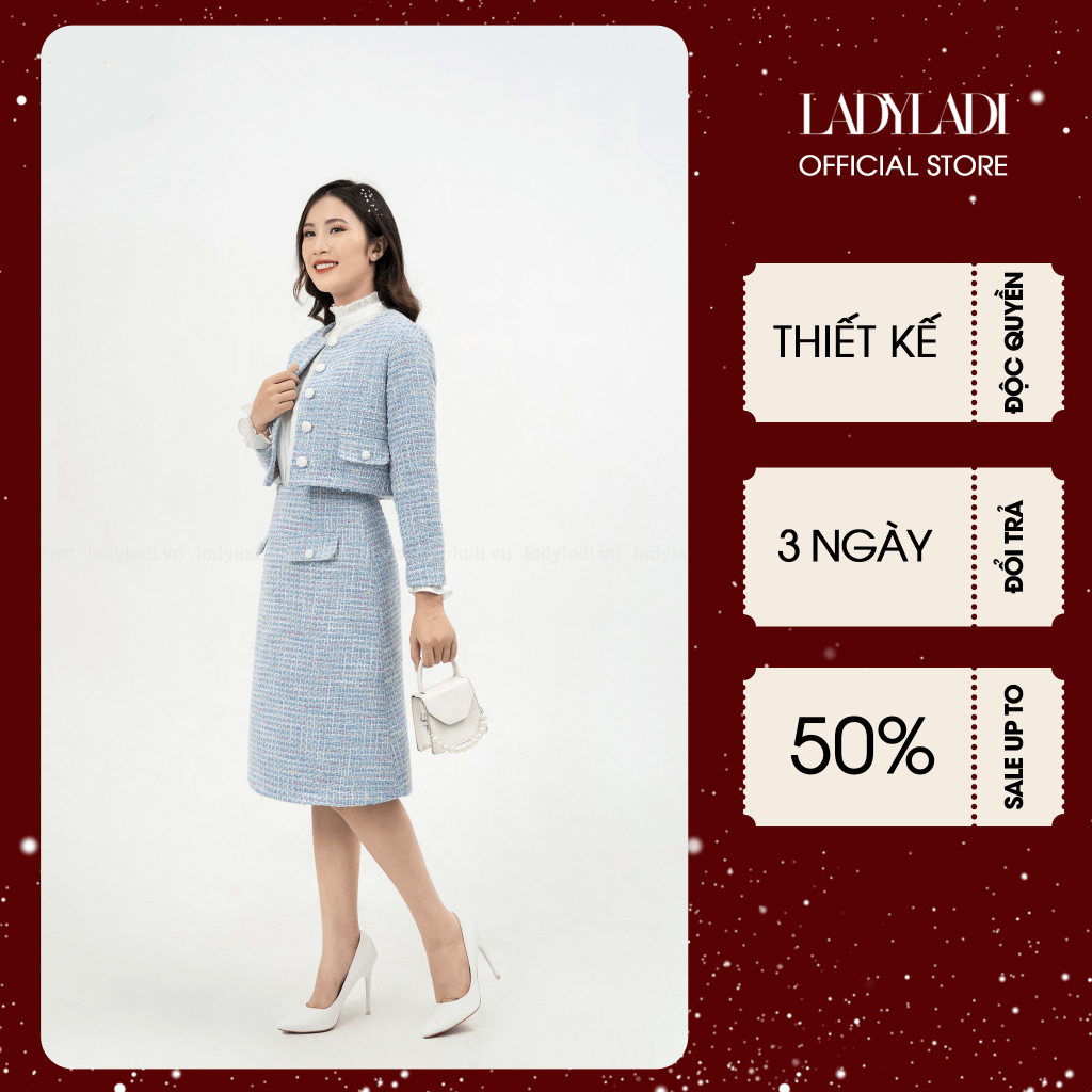 Áo dạ tweed croptop phối chân váy tweed chữ A dài qua gối thanh lịch LADI công sở, đi chơi SE017