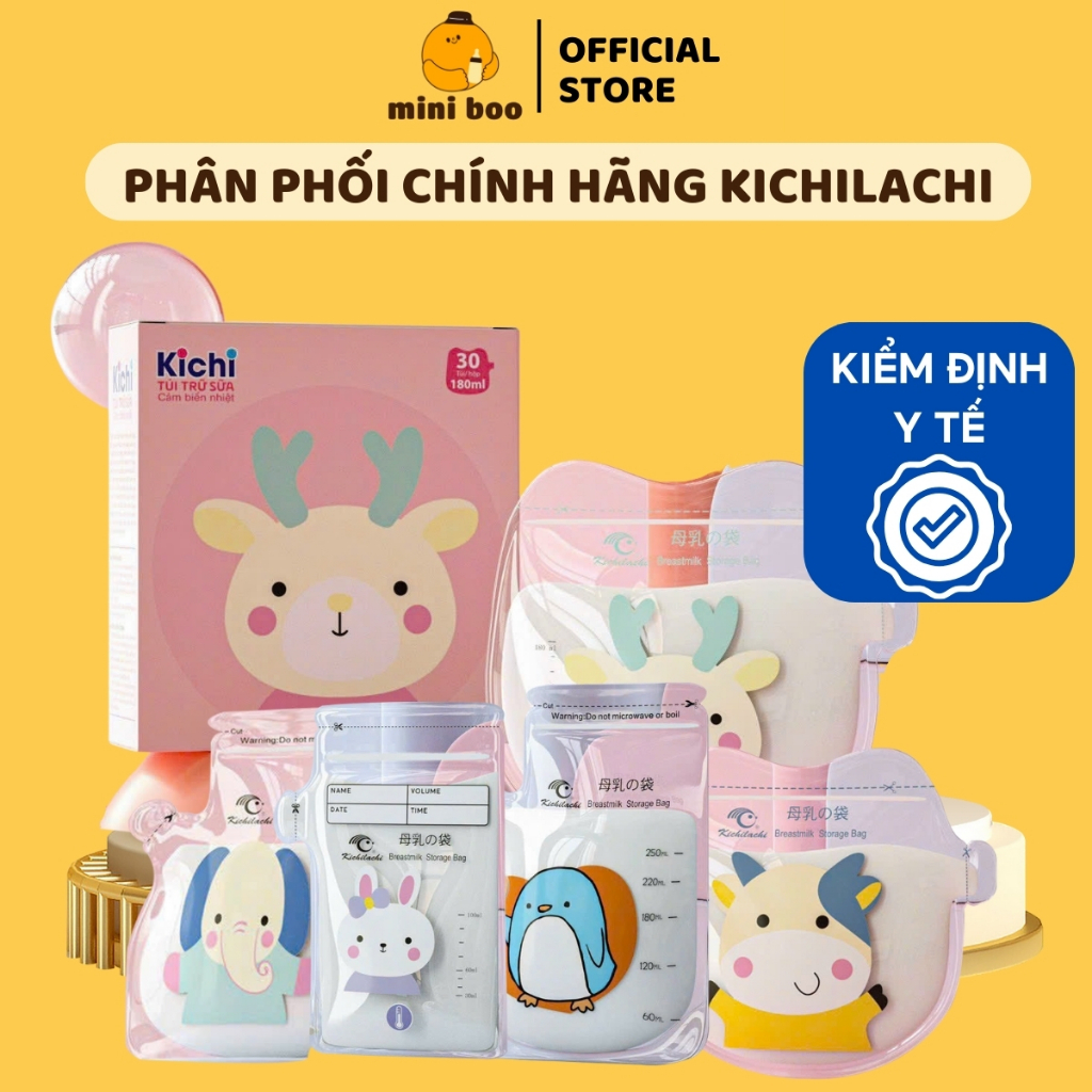 Túi trữ sữa Kichilachi 100ml/120ml/150ml/180ml/250ml cảm biến nhiệt khóa zip 2 lớp chống rò rỉ có vòi rót - MINIBOO