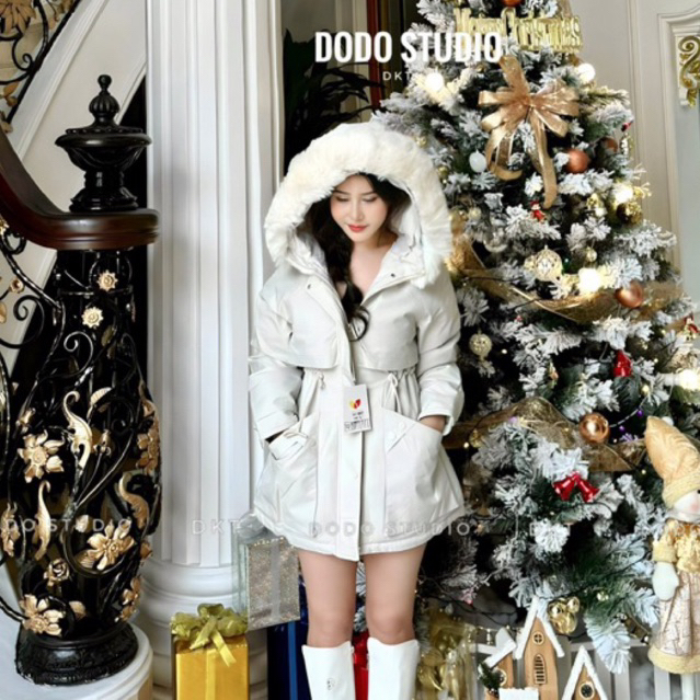 Saleee Áo phao Parka lót lông rút dây eo