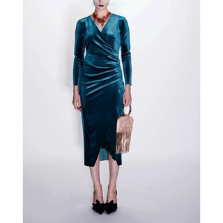 đầm Zara full tag made Morocco nhung xanh phối ren đen vừa sang vừa trắng