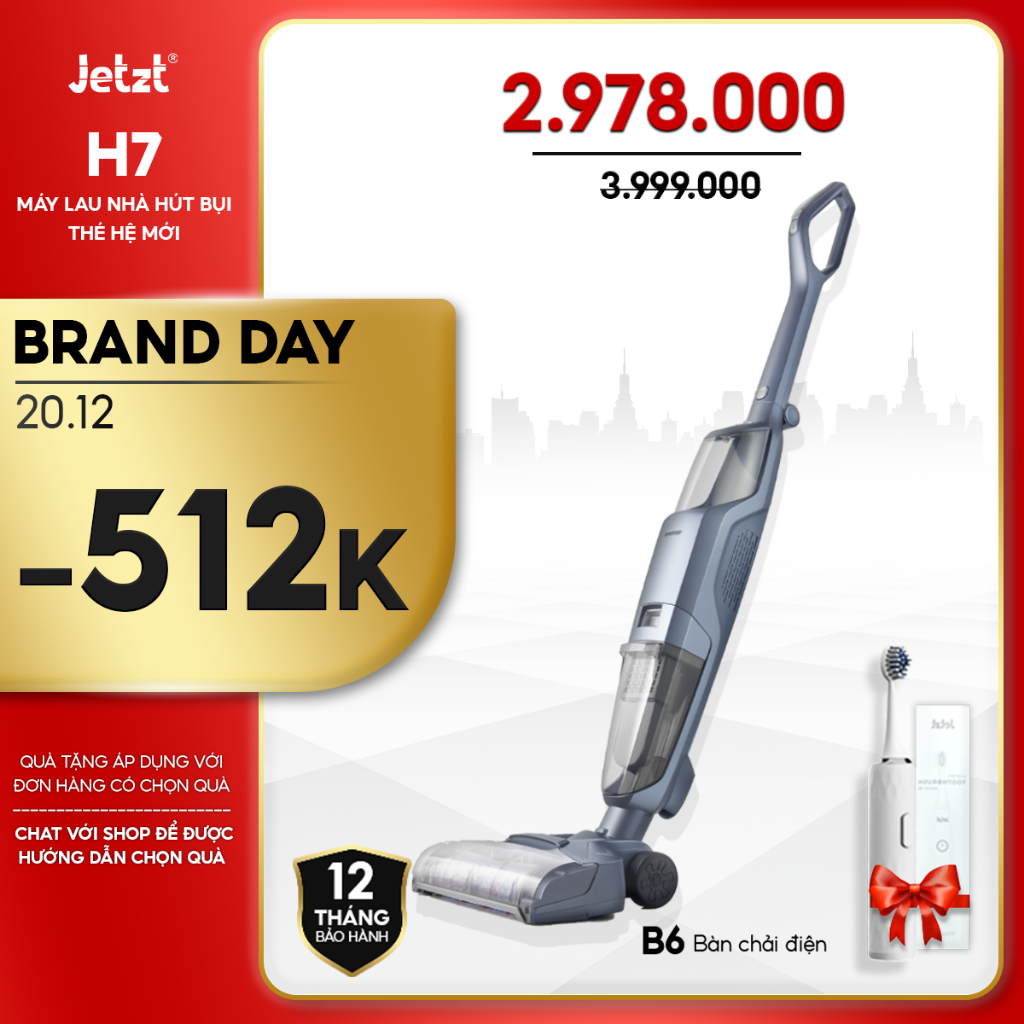 Máy lau sàn hút bụi trọng lượng siêu nhẹ JETZT H7, lực hút 15000PA