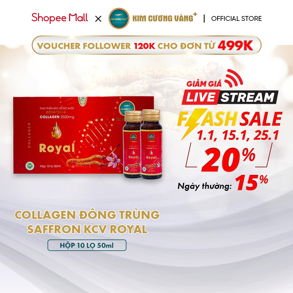 Collagen Đông Trùng Hạ Thảo Saffron Royal Dưỡng Da Kim Cương Vàng Hộp 10 chai