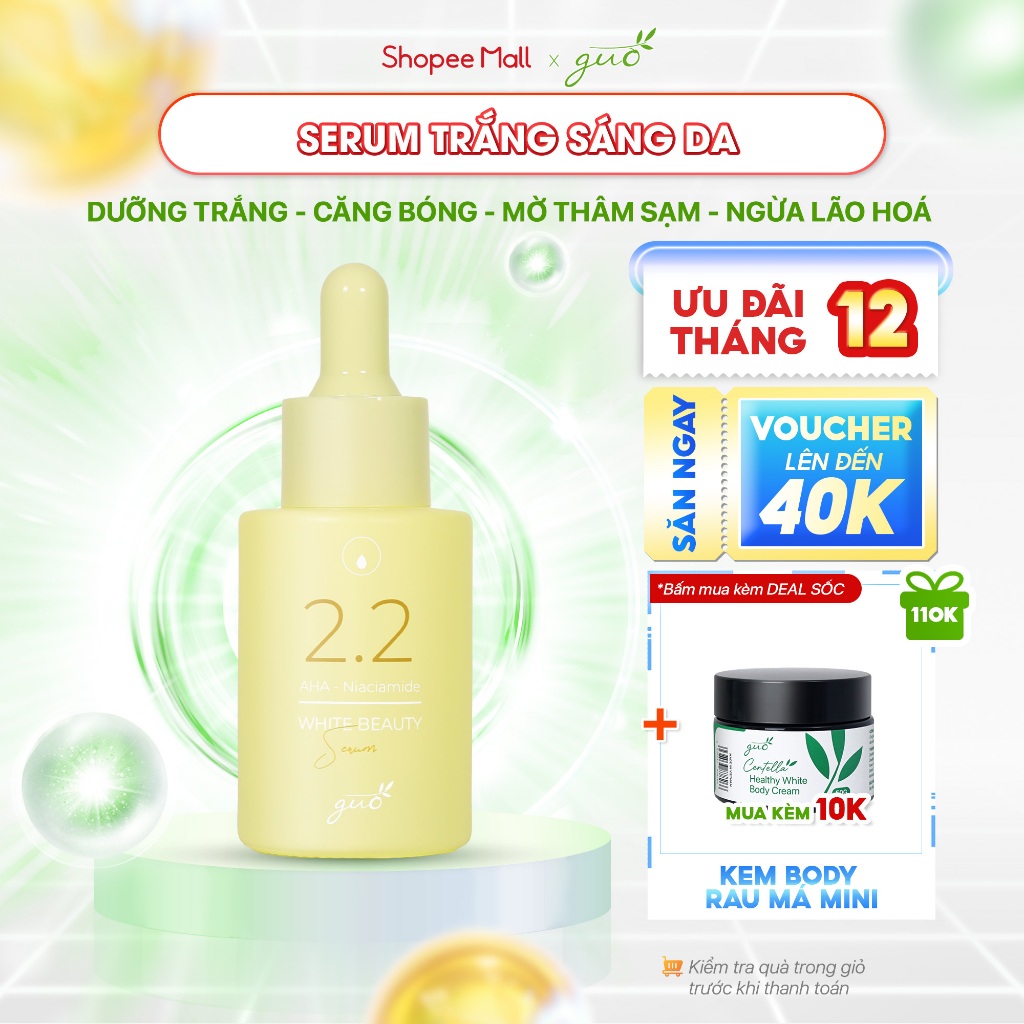 Serum dưỡng trắng sáng, mờ thâm nám, ngăn ngừa mụn AHA, BHA, PHA, Vitamin C, Niacinamide GUO 30ml