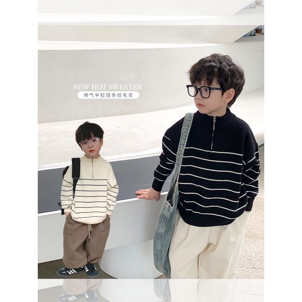 - Áo Len Kẻ Cổ Trụ Kéo Khoá Dáng Rộng Co Dãn Mềm Mại Cho Bé Gái Và Bé Trai Ambbkids Phong Cách Thu Đông Hàn Quốc