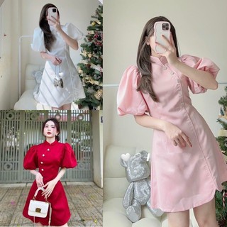 Đầm tết cách tân tay phồng LOKOSA Váy Dự Tiệc Tiểu Thư Dáng Ngắn Kiểu Trung Hoa Màu Đỏ VD009