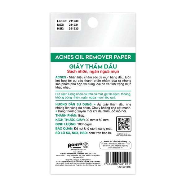 Giấy Thấm Dầu Oil Remover Paper Acnes 100 Tờ