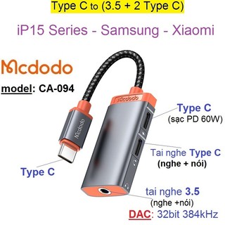 Type c to 3.5 + 2 type c sạc nhanh pd 60w mcdodo ca094, cáp chia type c ra tai nghe và sạc