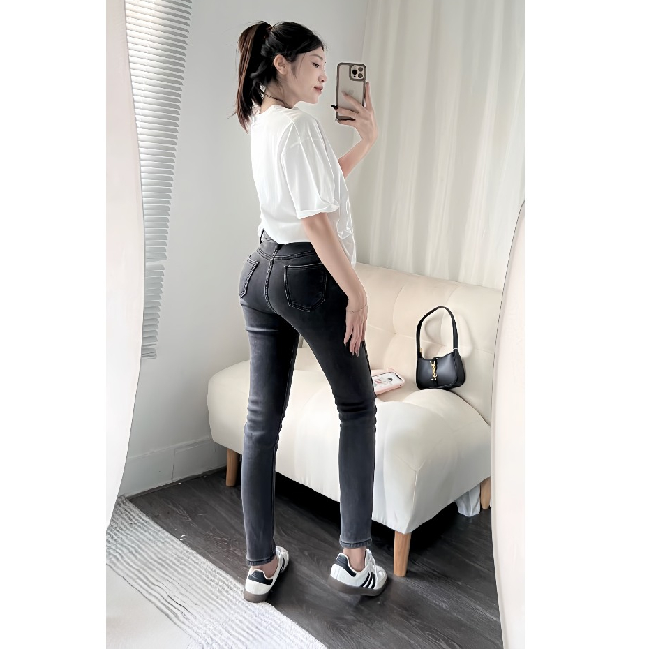 Quần jean nữ lót lông hoạ tiết trơn , có túi phom ôm bo sát tôn dáng