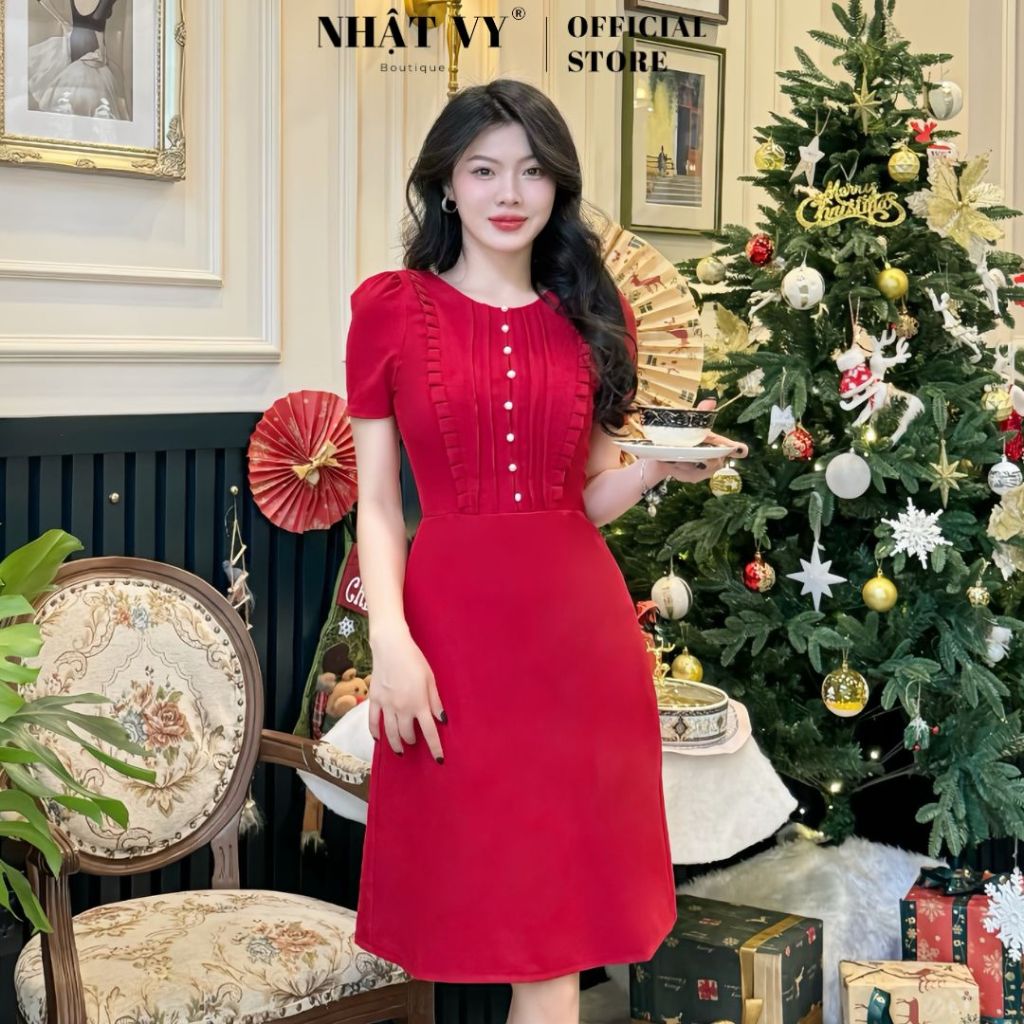 Đầm dự tiệc Nhật Vy cổ tròn viền bèo ngực đính nút chất lụa nhẹ nhàng phù hợp công sở dạo phố cafe sang chảnh - D2892