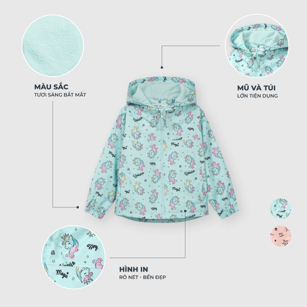 Áo khoác gió bé gái CANIFA hai lớp có lót nỉ in họa tiết 1OT23W007