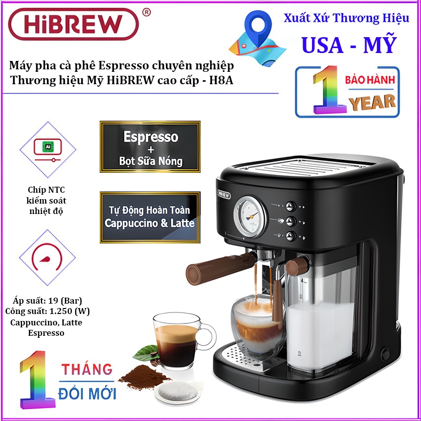 Máy pha cà phê Espresso chuyên nghiệp, thương hiệu Mỹ HiBREW cao cấp - H8A