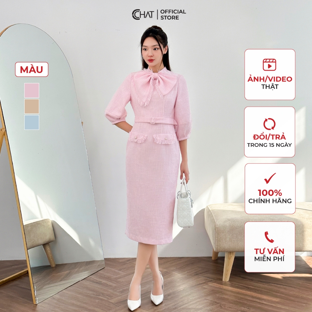 Đầm Nữ 𝐂𝐂𝐇𝐀𝐓 Kiểu Cổ Nơ Dáng Ôm Bút Chì Chất Dạ Cao Cấp Mềm Mịn Thanh Lịch 23VDZ2002OT