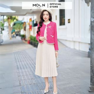  Áo khoác dạ tweet MOON mix chân váy công sở nữ áo chất dạ tweet nhung trang trí bo viền MVE635 chân váy xếp ly MCV391 