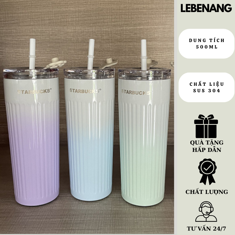 Cốc giữ nhiệt Starbucks sơn bóng 500ml, bình nước inox 304 kèm ống hút và nút chống tràn Lebenang