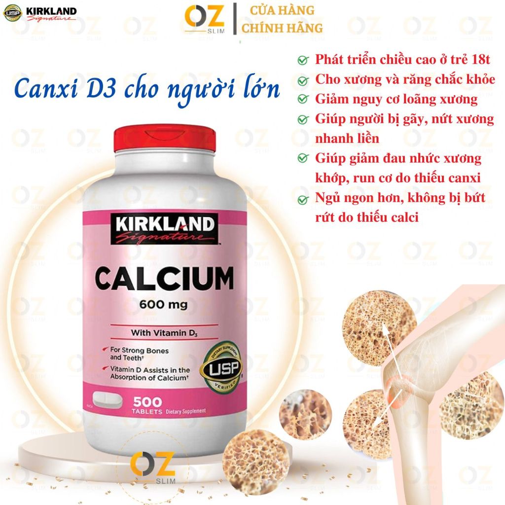 Canxi cho người lớn Kirkland Signature Calcium 600mg with Vitamin D3 phát triển hệ thống xương, phòng loãng xương OZSlim