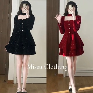 Đầm nữ nhung 2 tầng dáng ngắn dài tay, Váy nhung nhũ lấp lánh cổ vuông tiểu thư