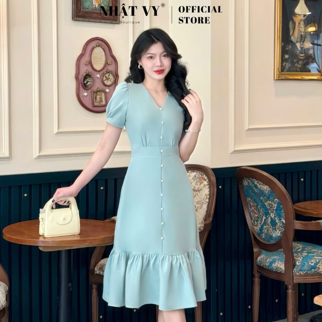 Đầm dự tiệc cổ V Nhật Vy tay phồng đuôi cá đính nút chất lụa phù hợp công sở dạo phố sang chảnh - D2896