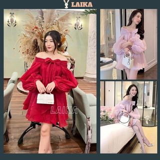 Đầm voan dáng ngắn babydoll trễ vai nơ ngực tay bồng dài - Váy thời trang nữ tính siêu xinh xắn đáng yêu - LAIKA V149