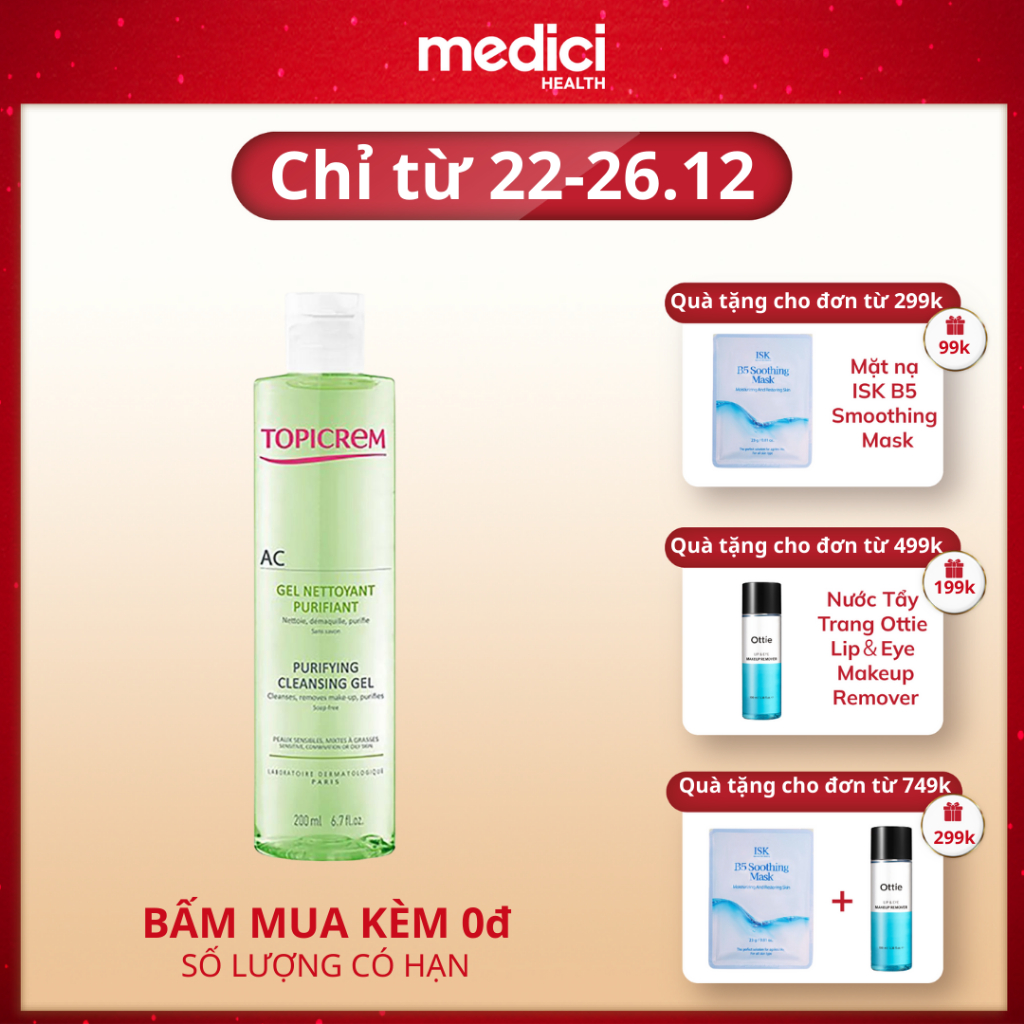 Gel rửa mặt dành cho da dầu và da hỗn hợp không kích ứng da TOPICREM AC PURIFYING CLEANSING GEL 200ml