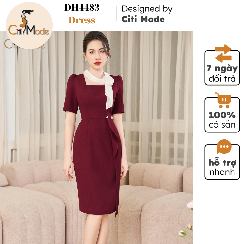 Đầm công sở CITI MODE FASHION đầm ôm đỏ vạt eo phối cổ nơ hoa DH4483