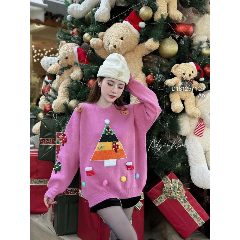 Áo len ngực in hình cây thông màu, áo len tay dài đính họa tiết nổi VIENS STORE